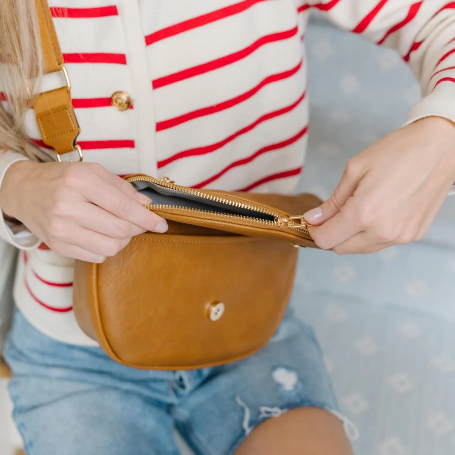 Modern Chic Crossbody Bags for Women - The Holly Foldover Crossbody Bag, Vegan Leather Belt Bag with Zipper Pockets - Camel