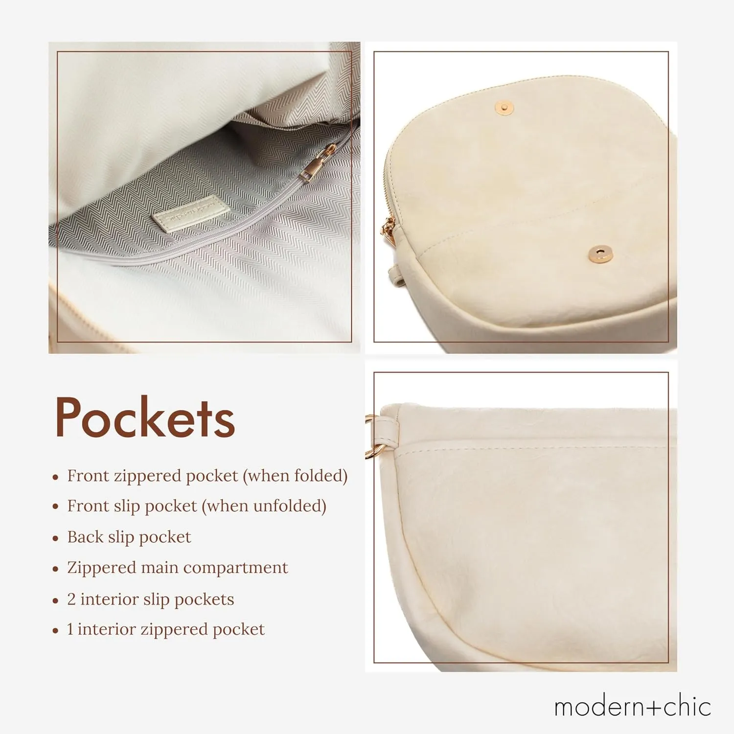 Modern Chic Crossbody Bags for Women - The Holly Foldover Crossbody Bag, Vegan Leather Belt Bag with Zipper Pockets - Eggshell Cream
