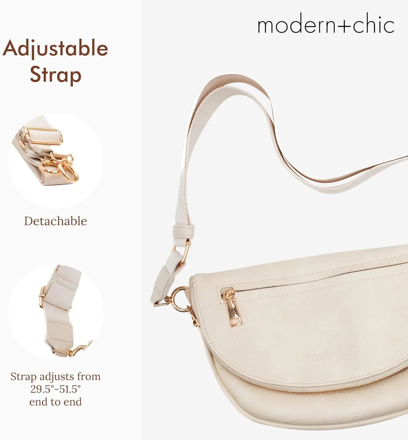 Modern Chic Crossbody Bags for Women - The Holly Foldover Crossbody Bag, Vegan Leather Belt Bag with Zipper Pockets - Eggshell Cream