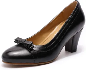 Mona flying Leather Mid Chunky Pumps Elegant Women Slip On Classic Comfortable Elegant Handmade Work Shoes