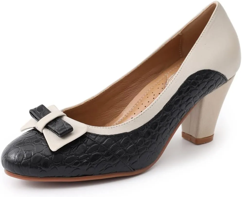 Mona flying Leather Mid Chunky Pumps Elegant Women Slip On Classic Comfortable Elegant Handmade Work Shoes