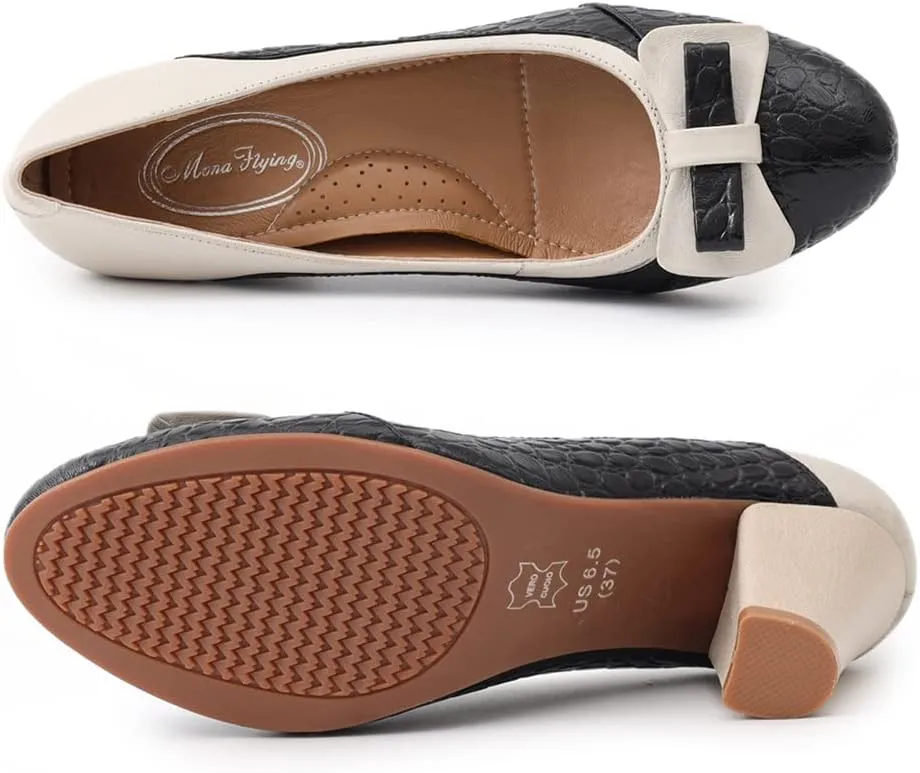 Mona flying Leather Mid Chunky Pumps Elegant Women Slip On Classic Comfortable Elegant Handmade Work Shoes