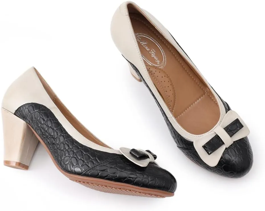 Mona flying Leather Mid Chunky Pumps Elegant Women Slip On Classic Comfortable Elegant Handmade Work Shoes