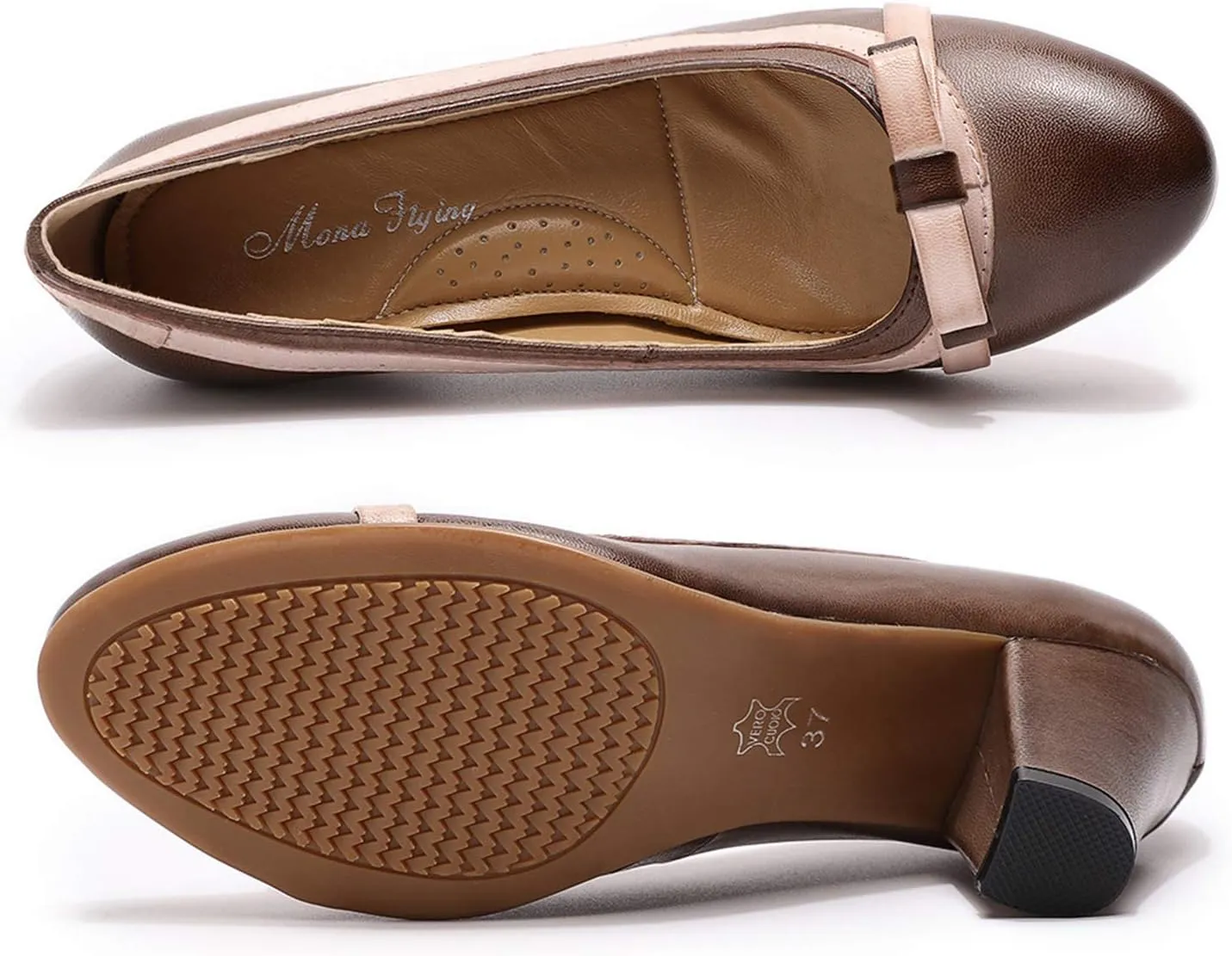 Mona flying Leather Mid Chunky Pumps Elegant Women Slip On Classic Comfortable Elegant Handmade Work Shoes