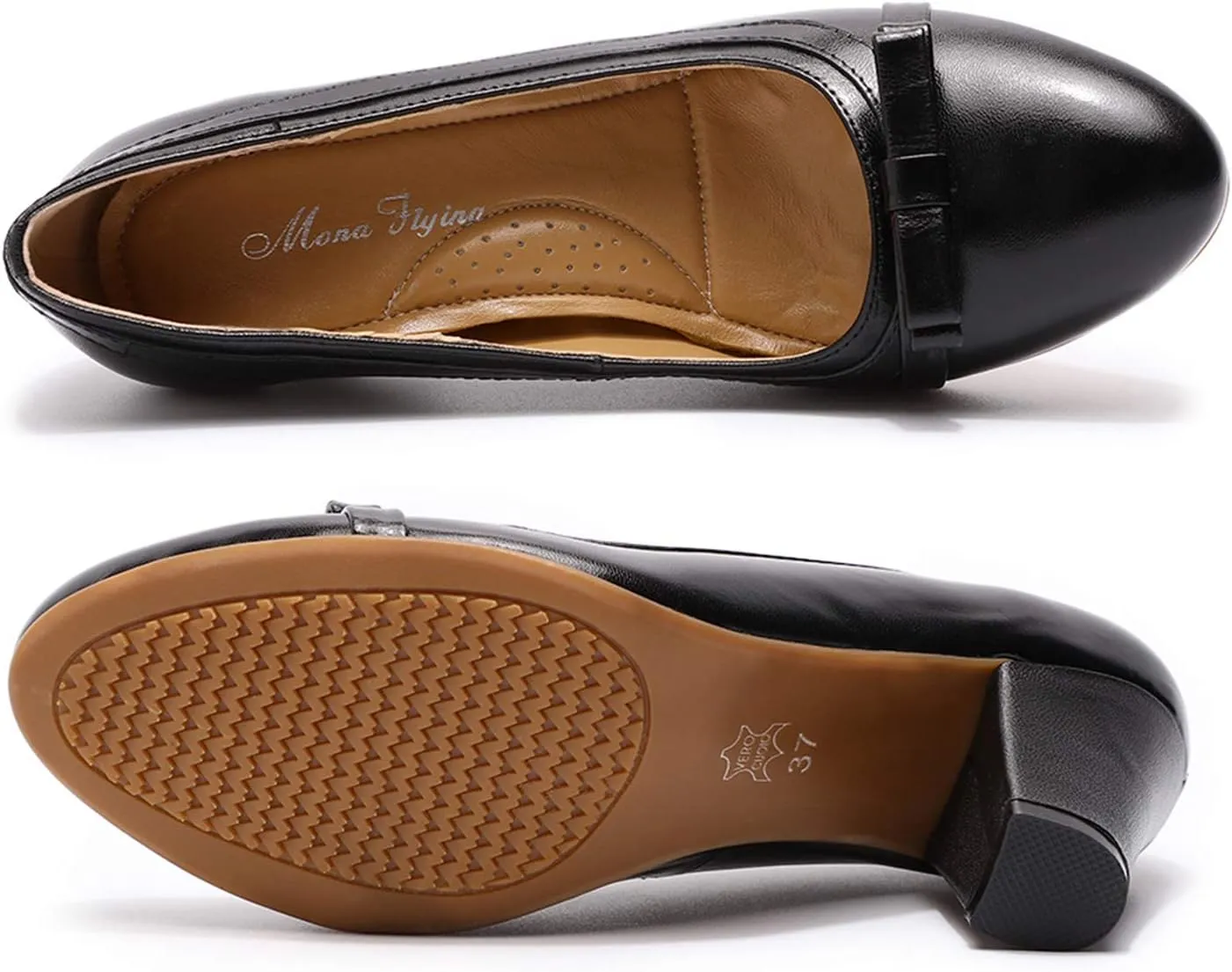 Mona flying Leather Mid Chunky Pumps Elegant Women Slip On Classic Comfortable Elegant Handmade Work Shoes