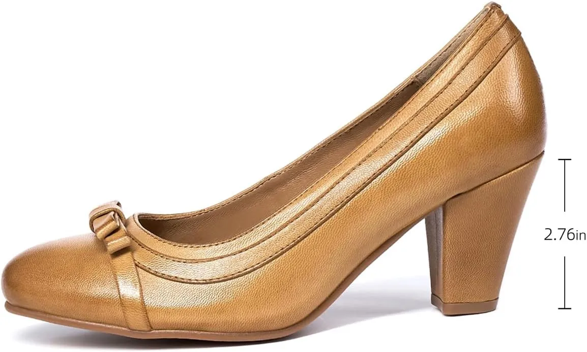 Mona flying Leather Mid Chunky Pumps Elegant Women Slip On Classic Comfortable Elegant Handmade Work Shoes