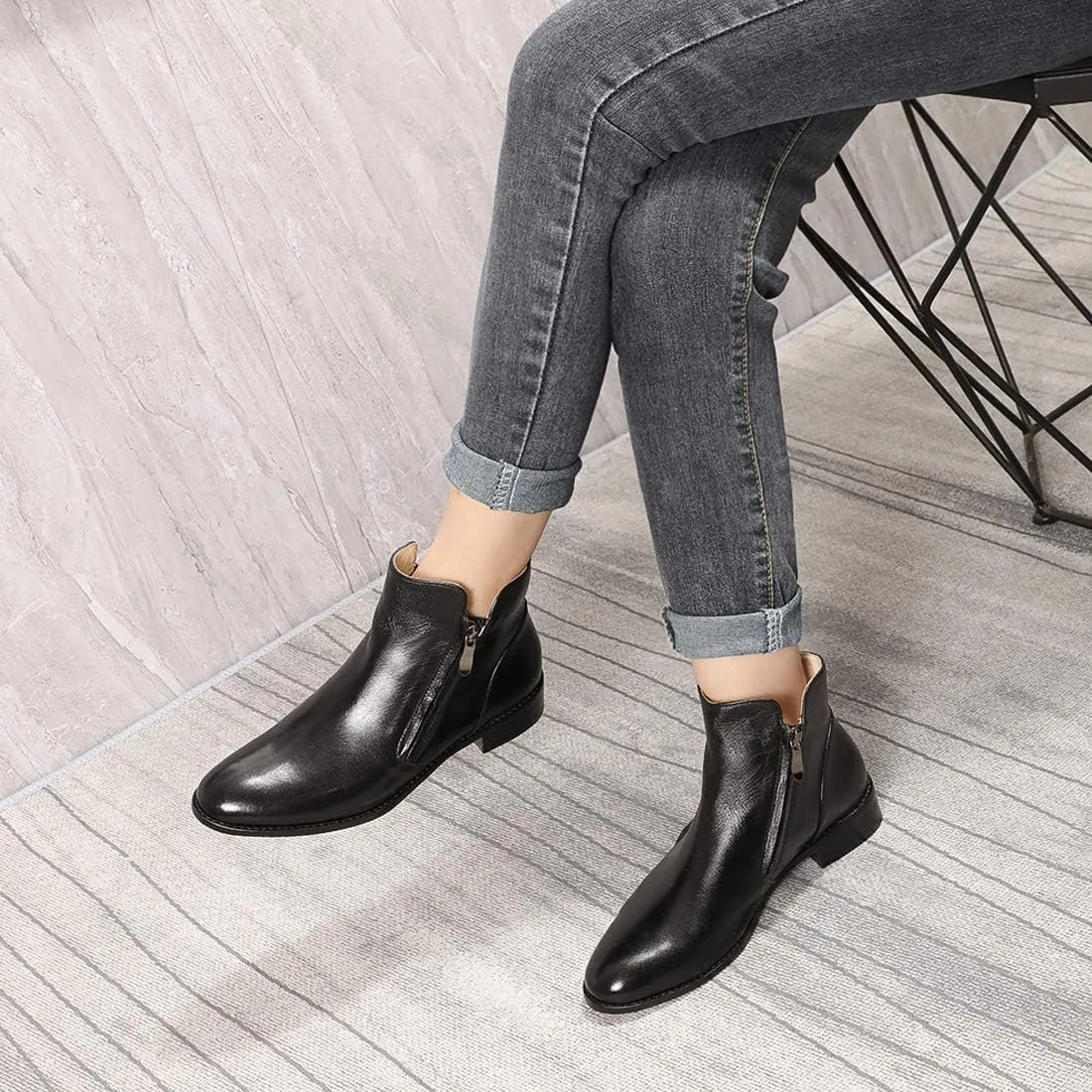 Mona flying Womens Leather Booties Ankle Boots Side Zippers Low Heel Dress Short Boots for Ladies