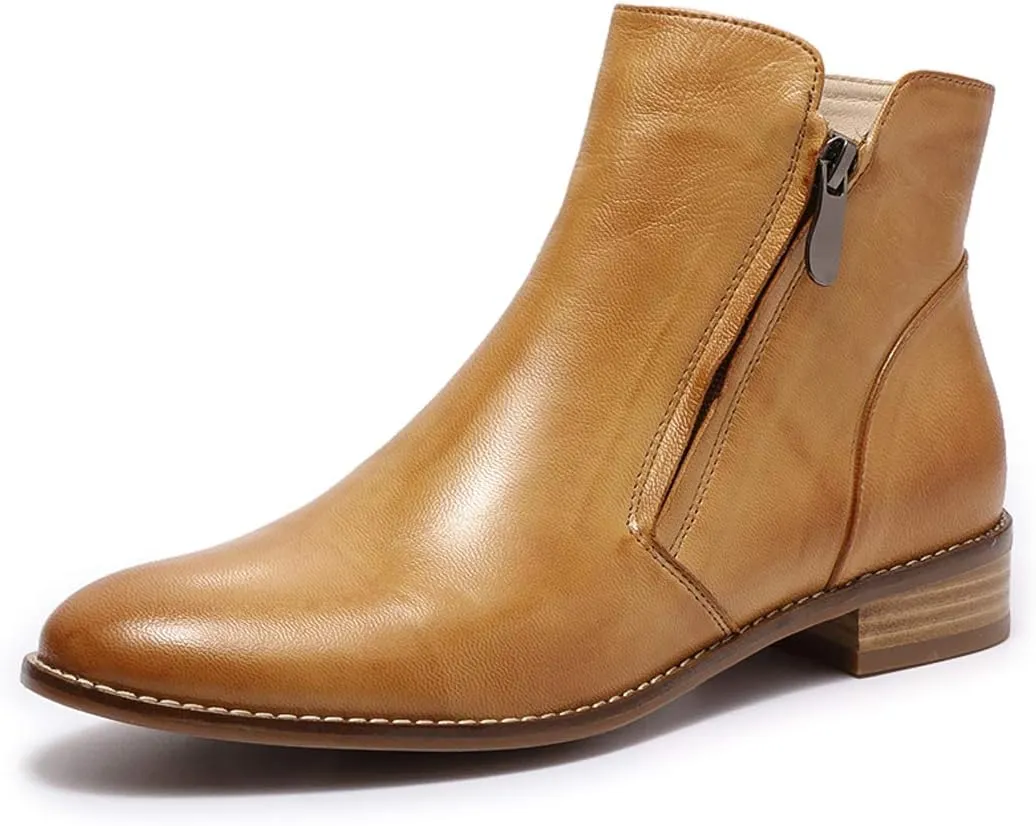 Mona flying Womens Leather Booties Ankle Boots Side Zippers Low Heel Dress Short Boots for Ladies