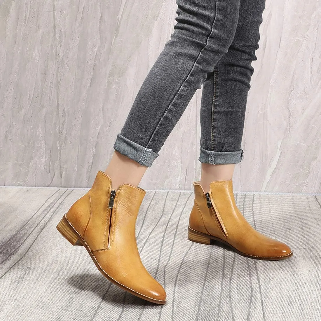 Mona flying Womens Leather Booties Ankle Boots Side Zippers Low Heel Dress Short Boots for Ladies