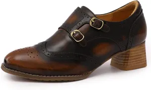 Mona flying Womens Leather Chunky Heel Monk Strap Oxfords Wingtip Ladies Mid Heel Dress Loafers Pumps Shoes with Buckle
