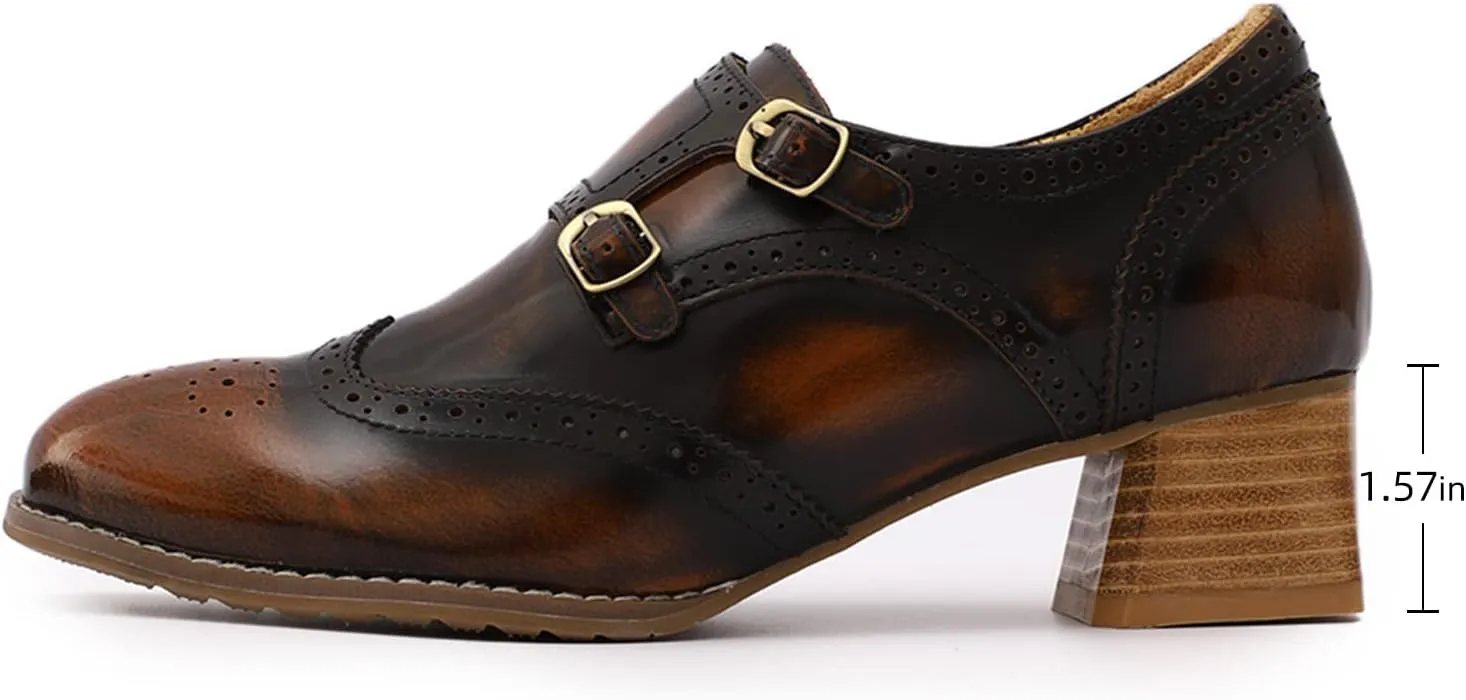Mona flying Womens Leather Chunky Heel Monk Strap Oxfords Wingtip Ladies Mid Heel Dress Loafers Pumps Shoes with Buckle