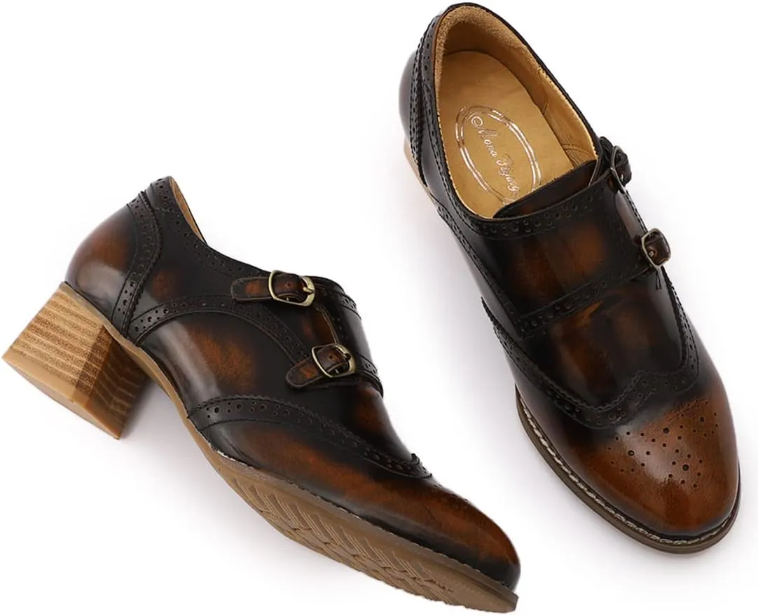 Mona flying Womens Leather Chunky Heel Monk Strap Oxfords Wingtip Ladies Mid Heel Dress Loafers Pumps Shoes with Buckle