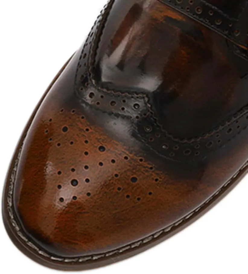 Mona flying Womens Leather Chunky Heel Monk Strap Oxfords Wingtip Ladies Mid Heel Dress Loafers Pumps Shoes with Buckle