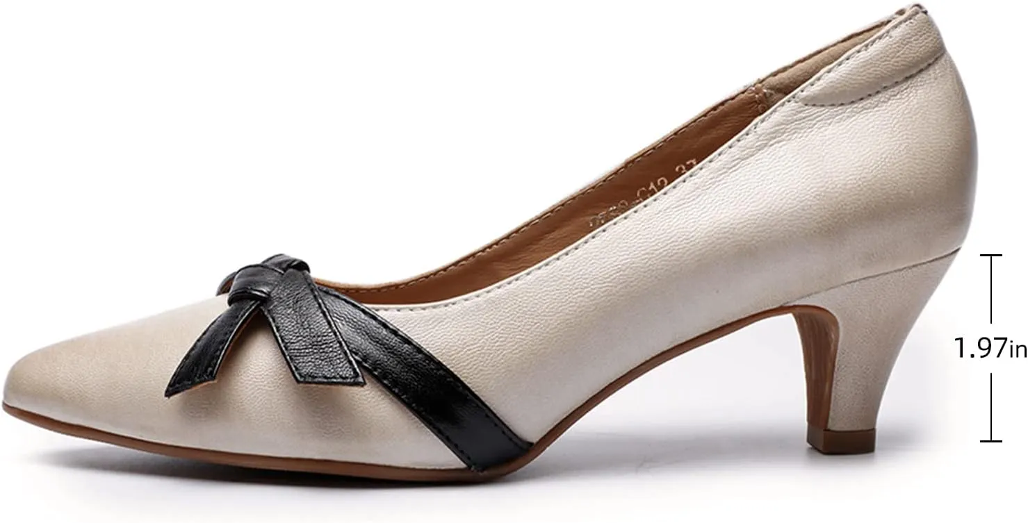 Mona flying Womens Leather Elegant Pointed Toe Bowknot Pumps Ladies Kitten Heels Dressy Casual Office Work Shoes