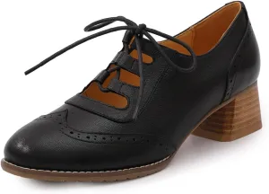Mona flying Women's Wingtip Oxfords Chunky Heel Lace up Dress Pumps Perforated Round Toe 4cm Mid Heel Leather Shoes for Ladies