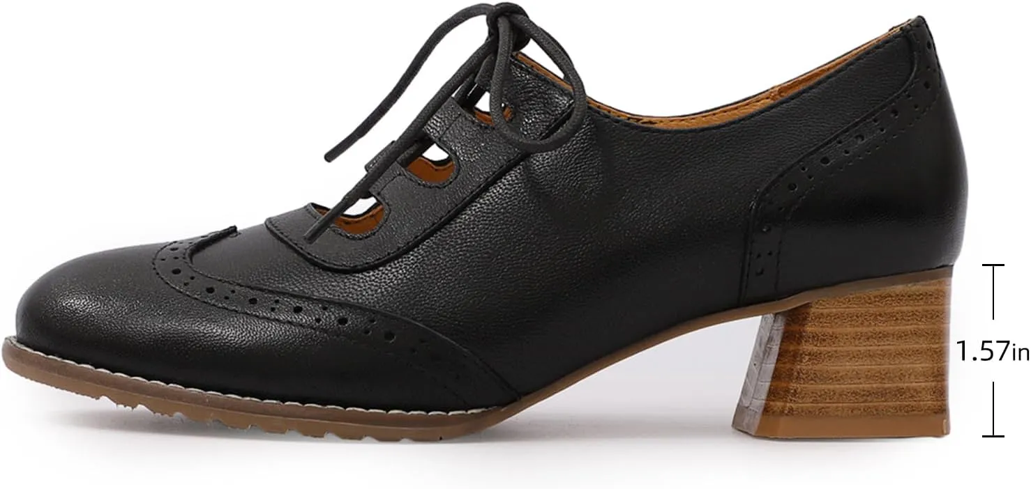 Mona flying Women's Wingtip Oxfords Chunky Heel Lace up Dress Pumps Perforated Round Toe 4cm Mid Heel Leather Shoes for Ladies