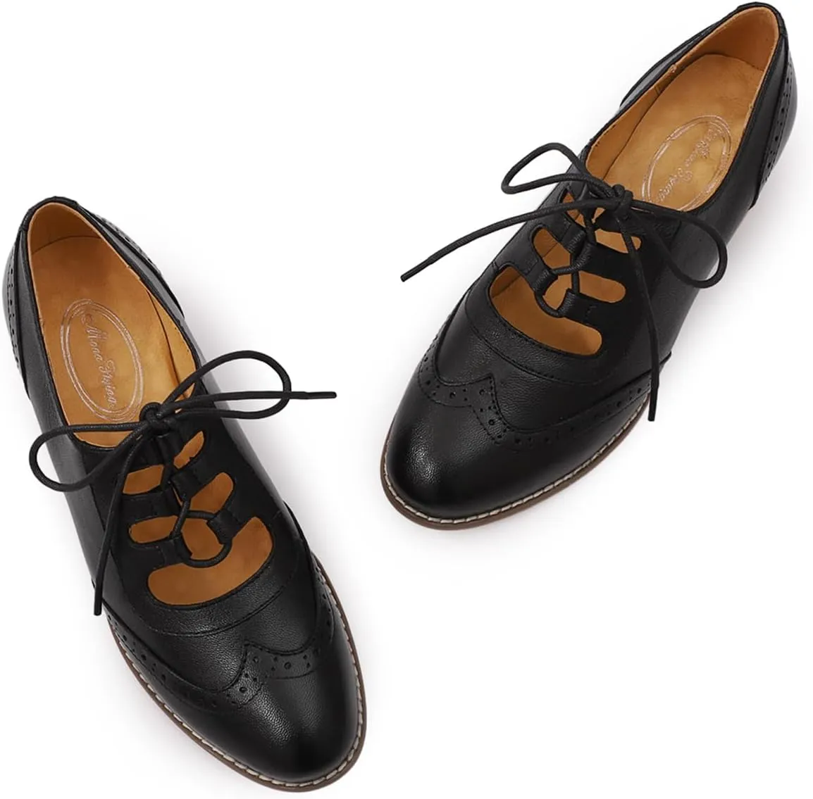 Mona flying Women's Wingtip Oxfords Chunky Heel Lace up Dress Pumps Perforated Round Toe 4cm Mid Heel Leather Shoes for Ladies