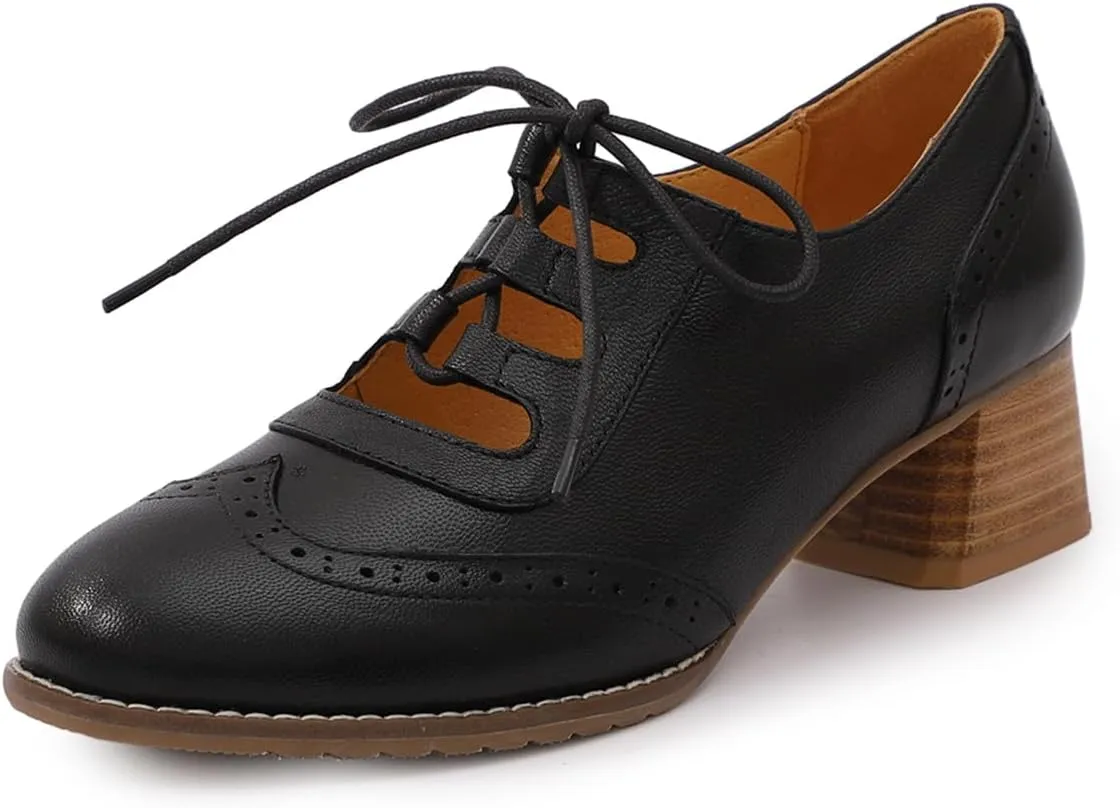 Mona flying Women's Wingtip Oxfords Chunky Heel Lace up Dress Pumps Perforated Round Toe 4cm Mid Heel Leather Shoes for Ladies