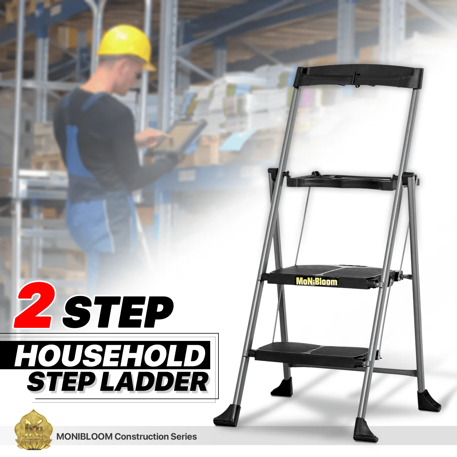 MoNiBloom 2 Step Ladder with Tool Tray, 331 lbs Weight Capacity, Steel Folding Stool With Non-Slip Wide Pedal, Black