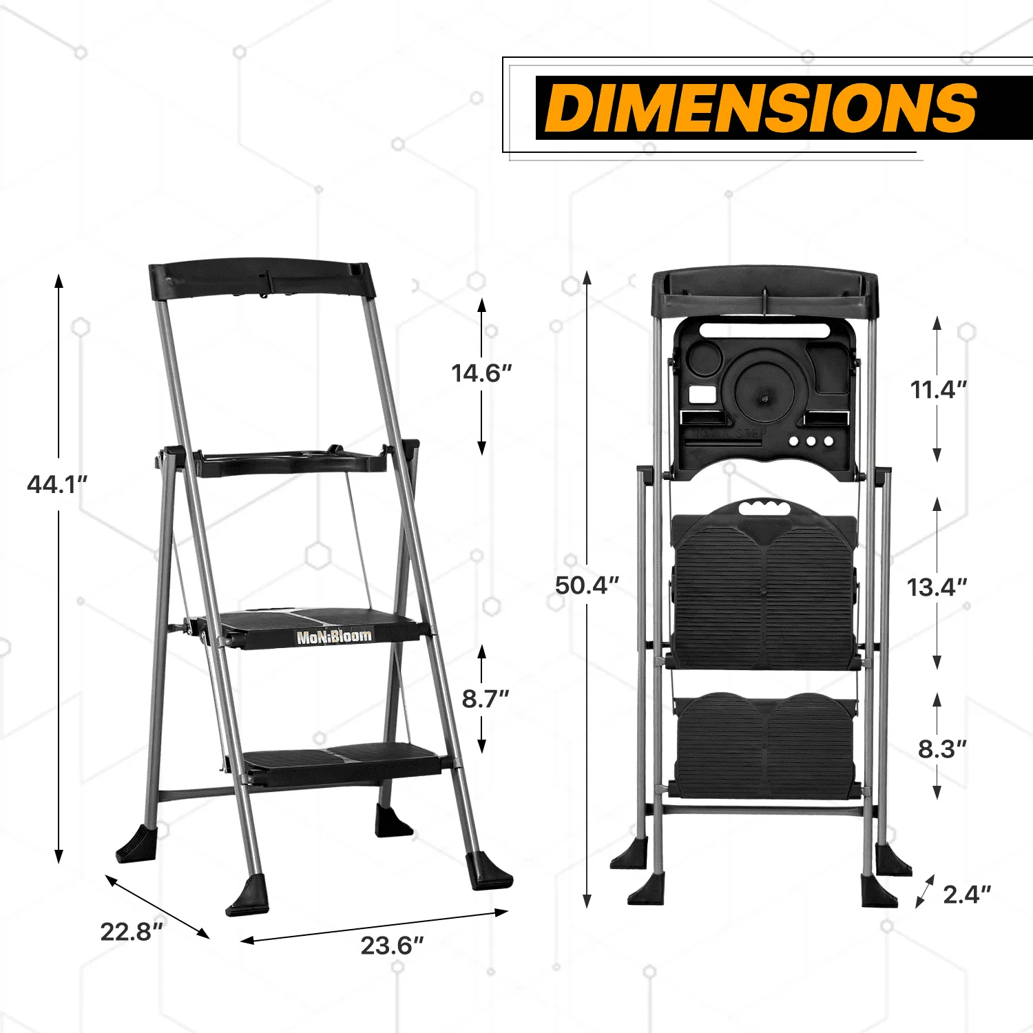 MoNiBloom 2 Step Ladder with Tool Tray, 331 lbs Weight Capacity, Steel Folding Stool With Non-Slip Wide Pedal, Black