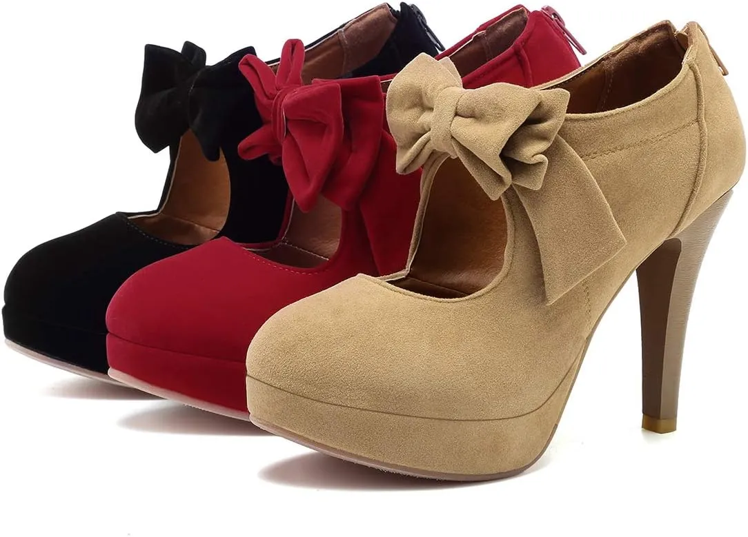 Mostrin Fashion Vintage Womens Small Bowtie Platform Pumps Ladies Sexy High Heeled Shoes