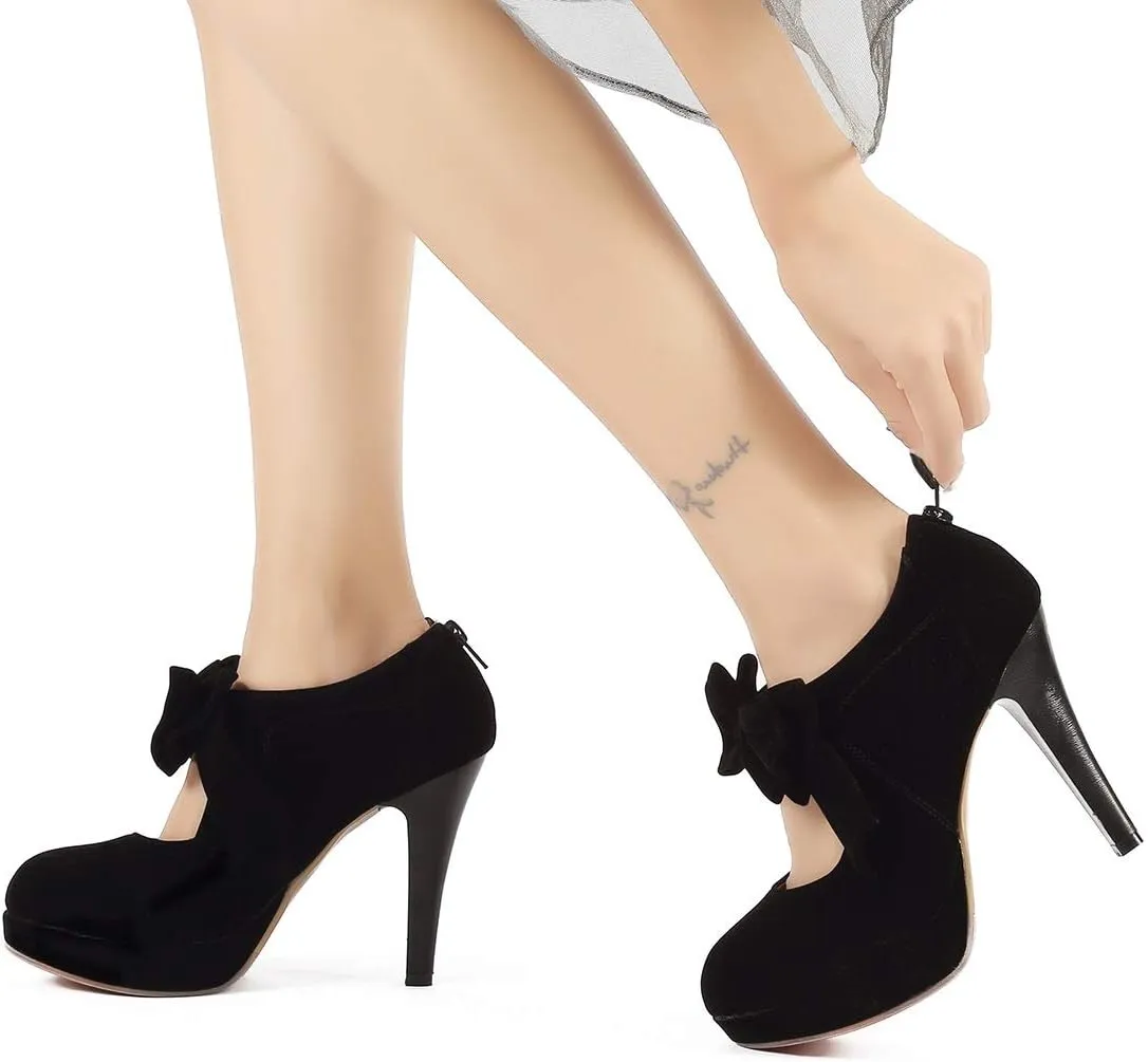 Mostrin Fashion Vintage Womens Small Bowtie Platform Pumps Ladies Sexy High Heeled Shoes