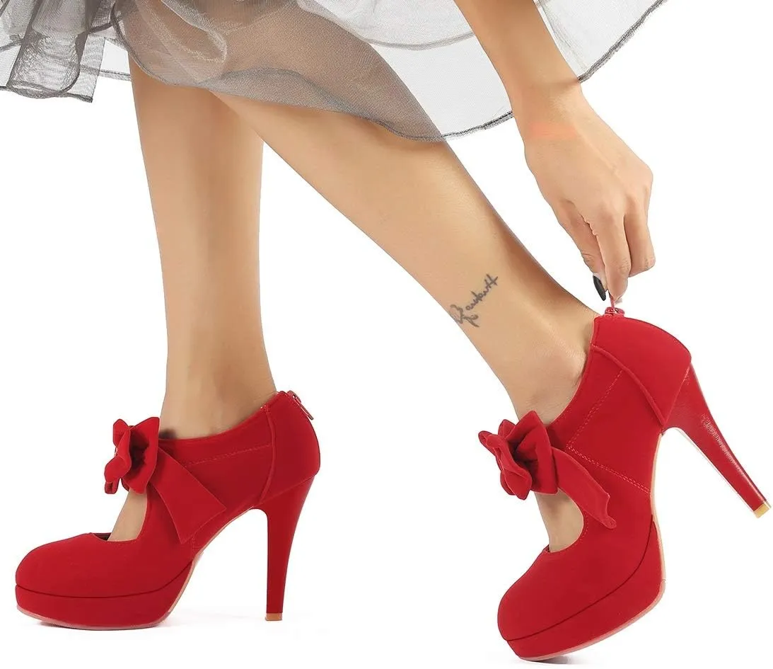 Mostrin Fashion Vintage Womens Small Bowtie Platform Pumps Ladies Sexy High Heeled Shoes