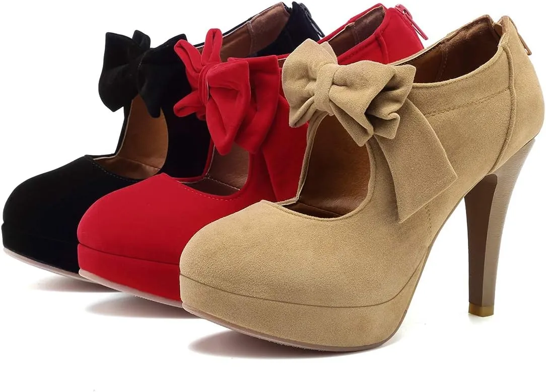 Mostrin Fashion Vintage Womens Small Bowtie Platform Pumps Ladies Sexy High Heeled Shoes