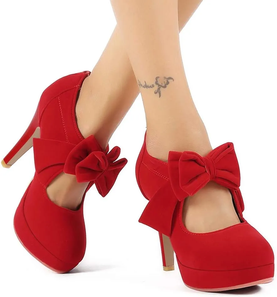 Mostrin Fashion Vintage Womens Small Bowtie Platform Pumps Ladies Sexy High Heeled Shoes