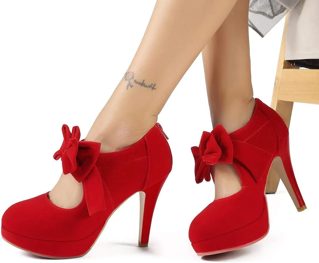 Mostrin Fashion Vintage Womens Small Bowtie Platform Pumps Ladies Sexy High Heeled Shoes
