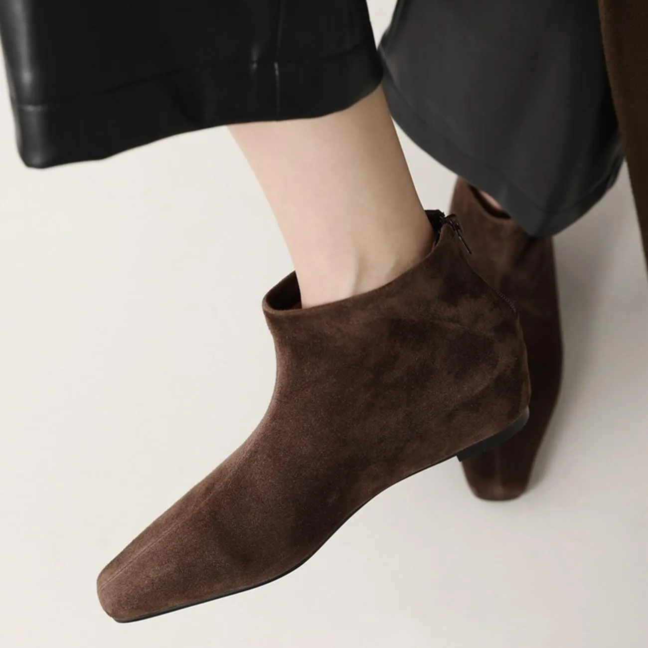 MRKEWUNEY Elegant Square Toe Ankle Boots for Women Internal Increase Wedge Heel Booties