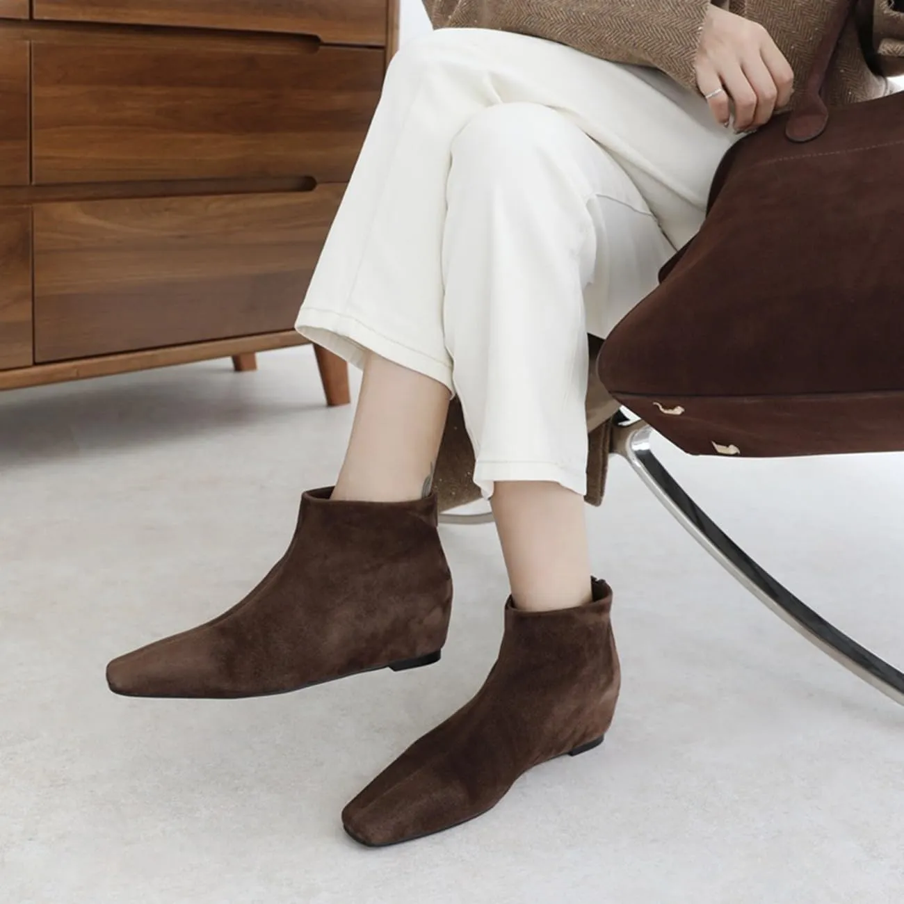 MRKEWUNEY Elegant Square Toe Ankle Boots for Women Internal Increase Wedge Heel Booties