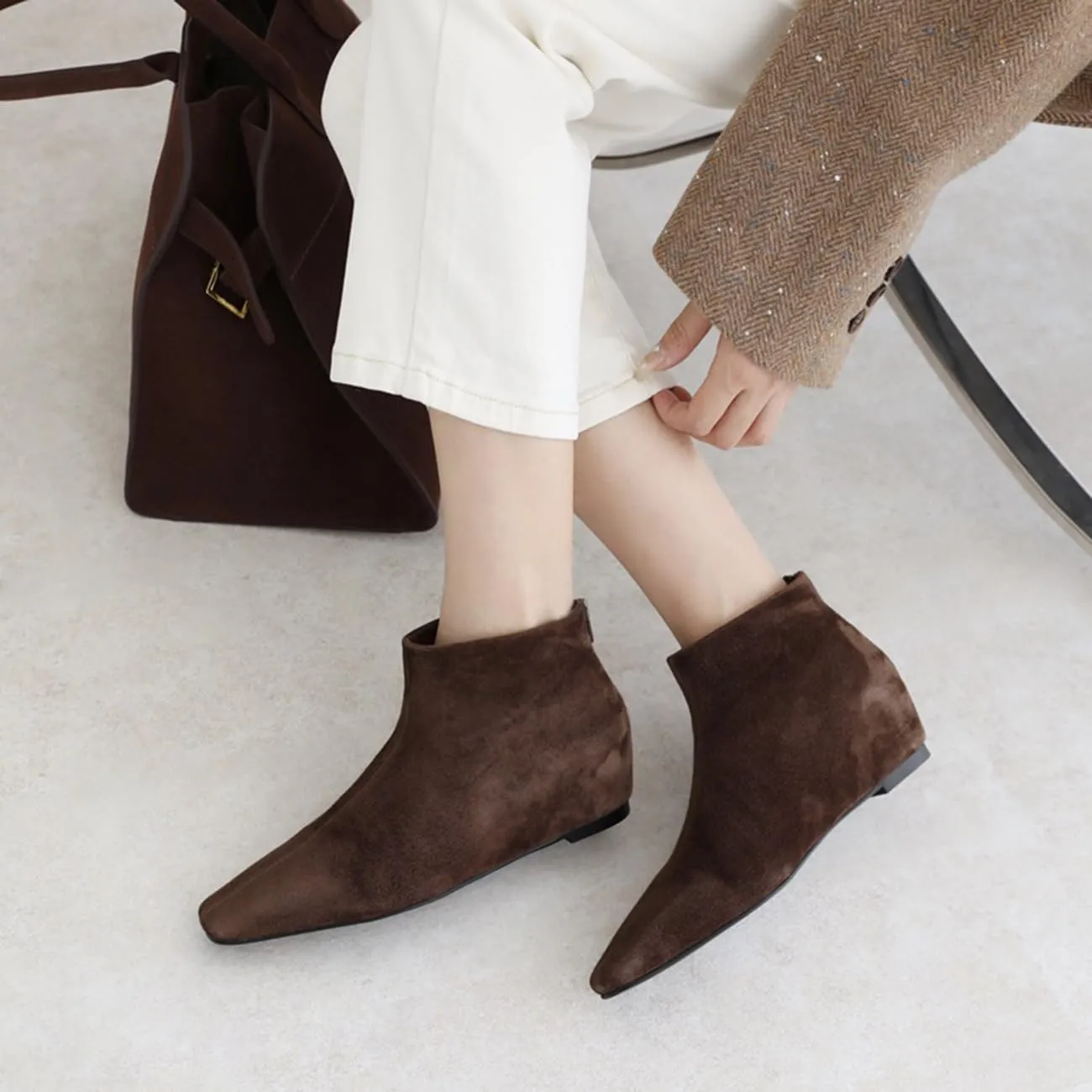 MRKEWUNEY Elegant Square Toe Ankle Boots for Women Internal Increase Wedge Heel Booties