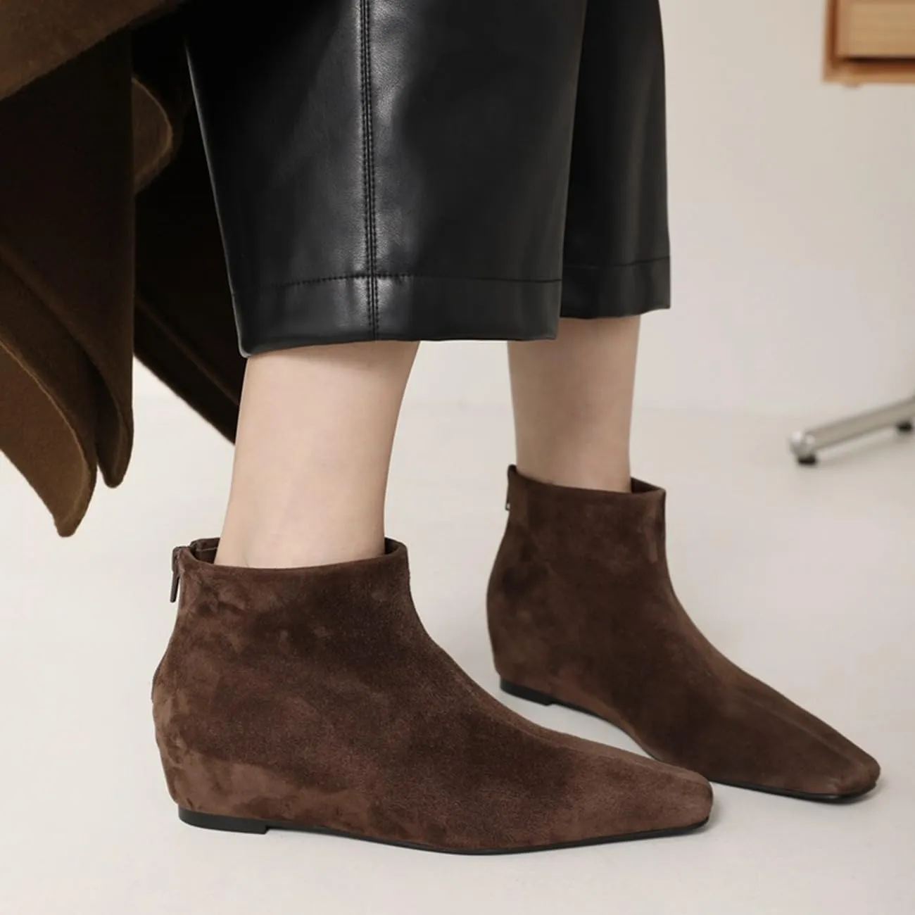 MRKEWUNEY Elegant Square Toe Ankle Boots for Women Internal Increase Wedge Heel Booties