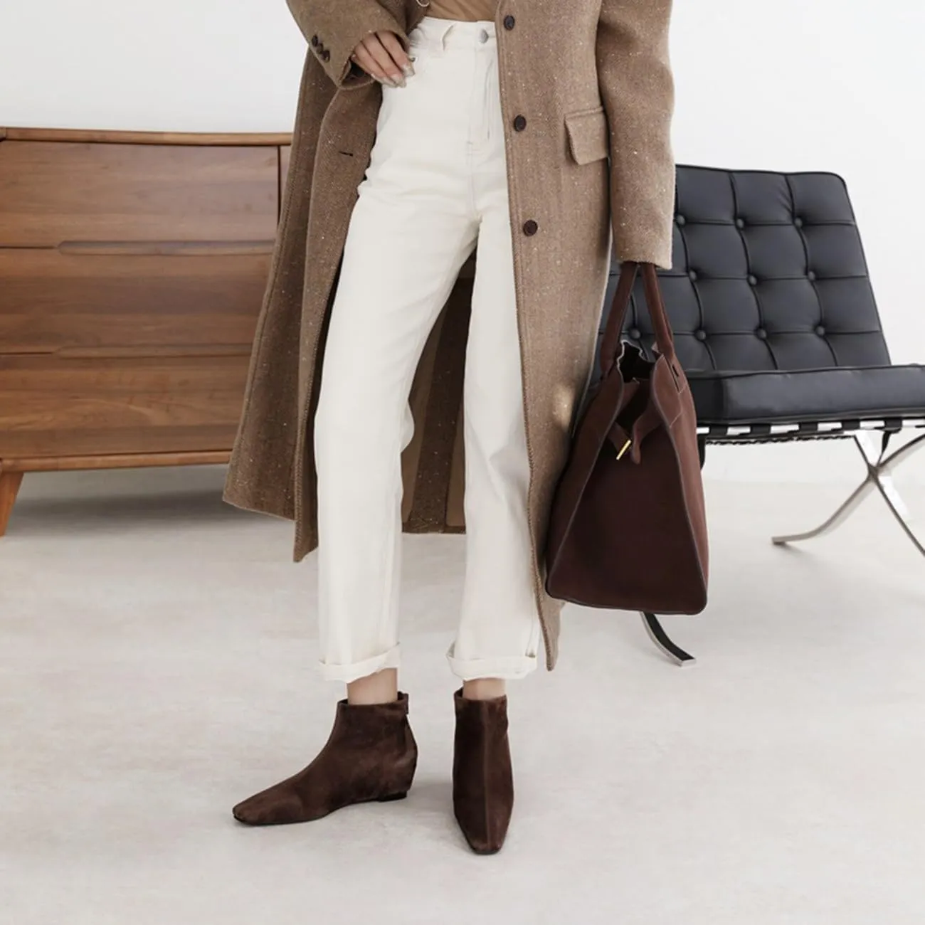 MRKEWUNEY Elegant Square Toe Ankle Boots for Women Internal Increase Wedge Heel Booties