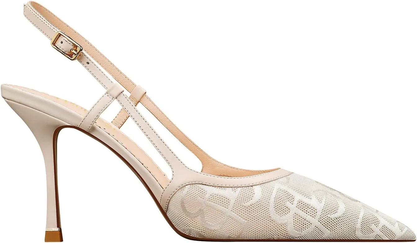 MSONLYDN Ladies Heels Strap Sandals Comfort Open Heels Mesh Leather Shoes Women Closed Pointed Toe Elegant Stiletto Heels 3.27inch