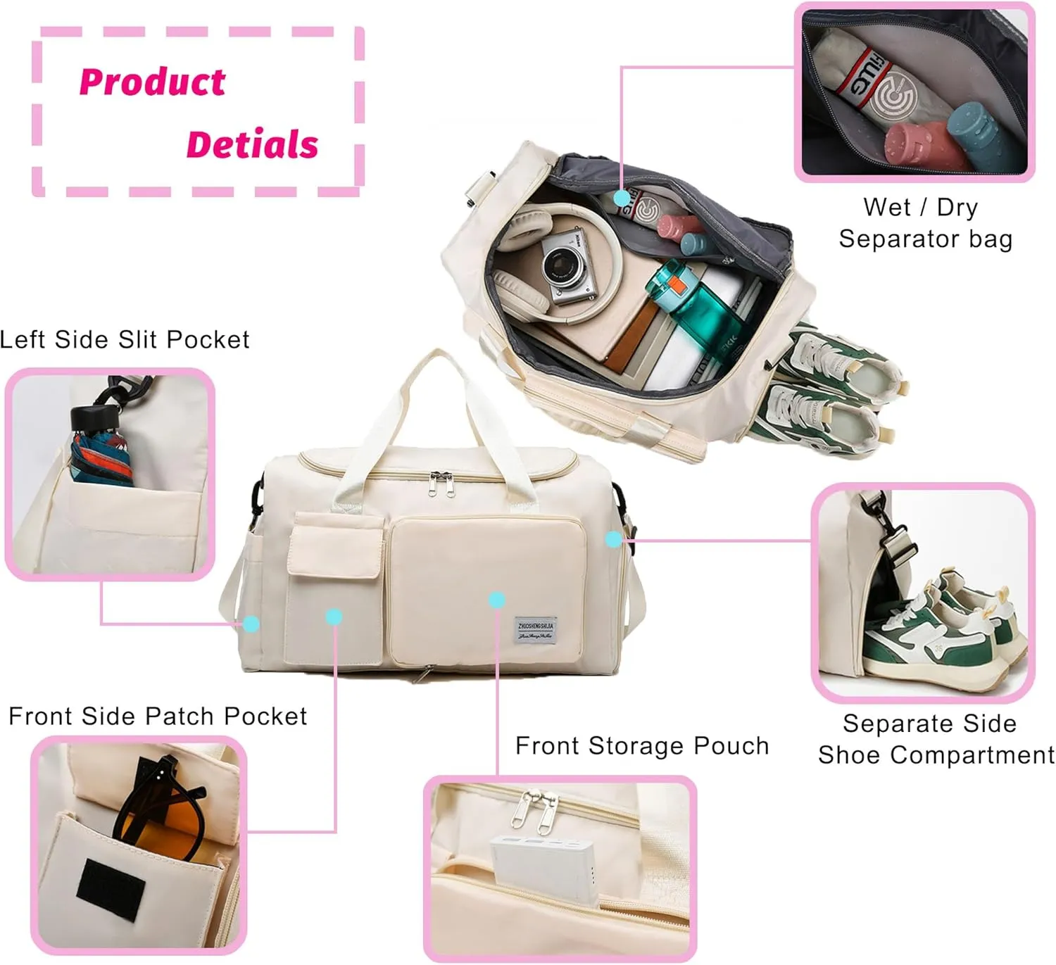 Multipurpose 20L Foldable Duffel Bag Gym Yoga Bag Carry-On Shopping Sack Travel Organizer Cabin Bag Sundry Package Wet&Dry Compartment (Beige)
