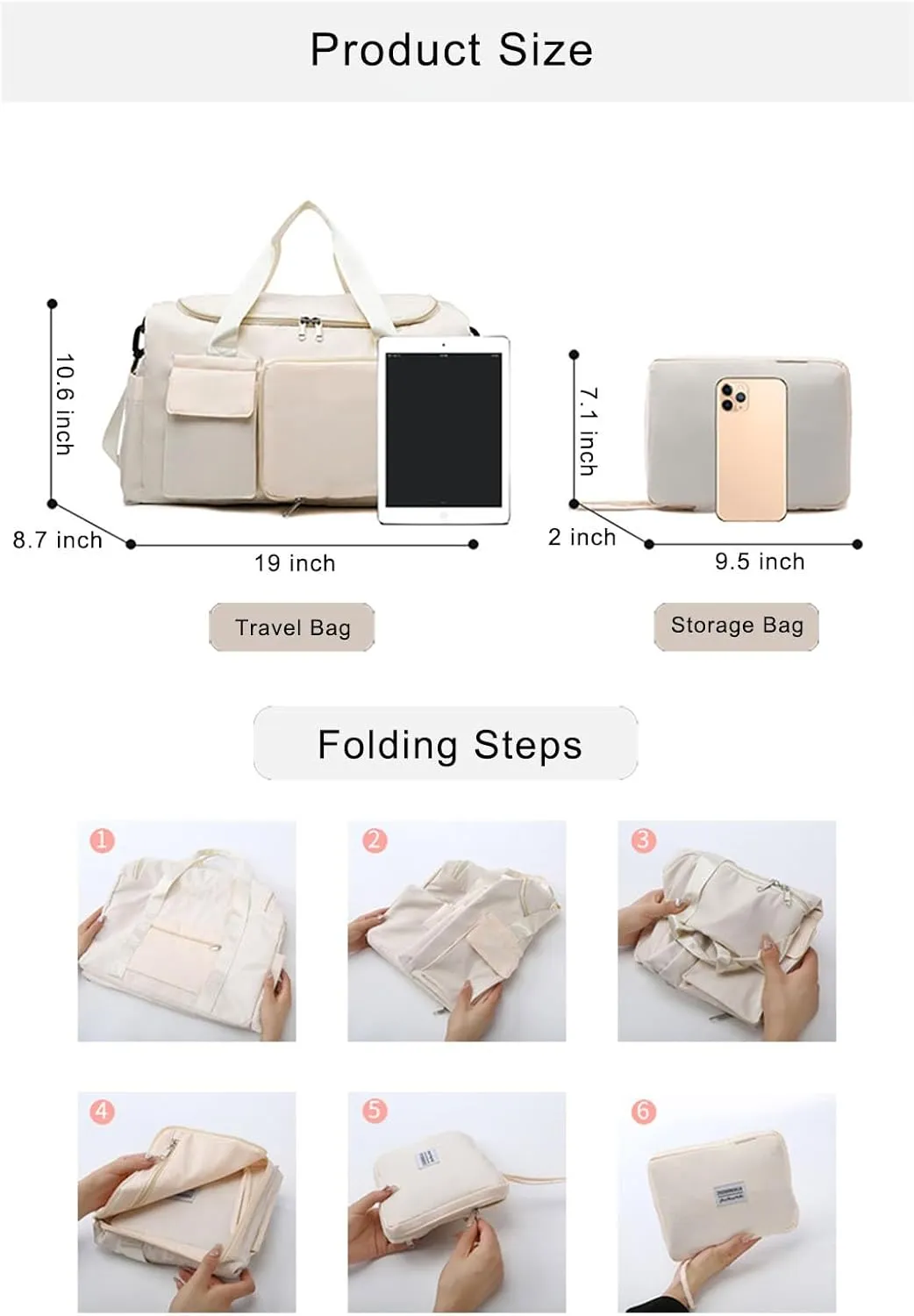 Multipurpose 20L Foldable Duffel Bag Gym Yoga Bag Carry-On Shopping Sack Travel Organizer Cabin Bag Sundry Package Wet&Dry Compartment (Beige)