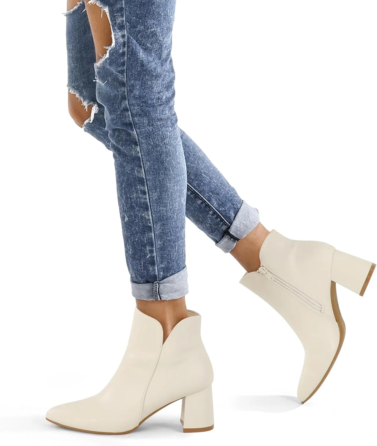 mysoft Women's Ankle Boots Chunky Block Low Heel Comfortable Pointed Toe Side V Cutout Dressy Office Booties with Zipper