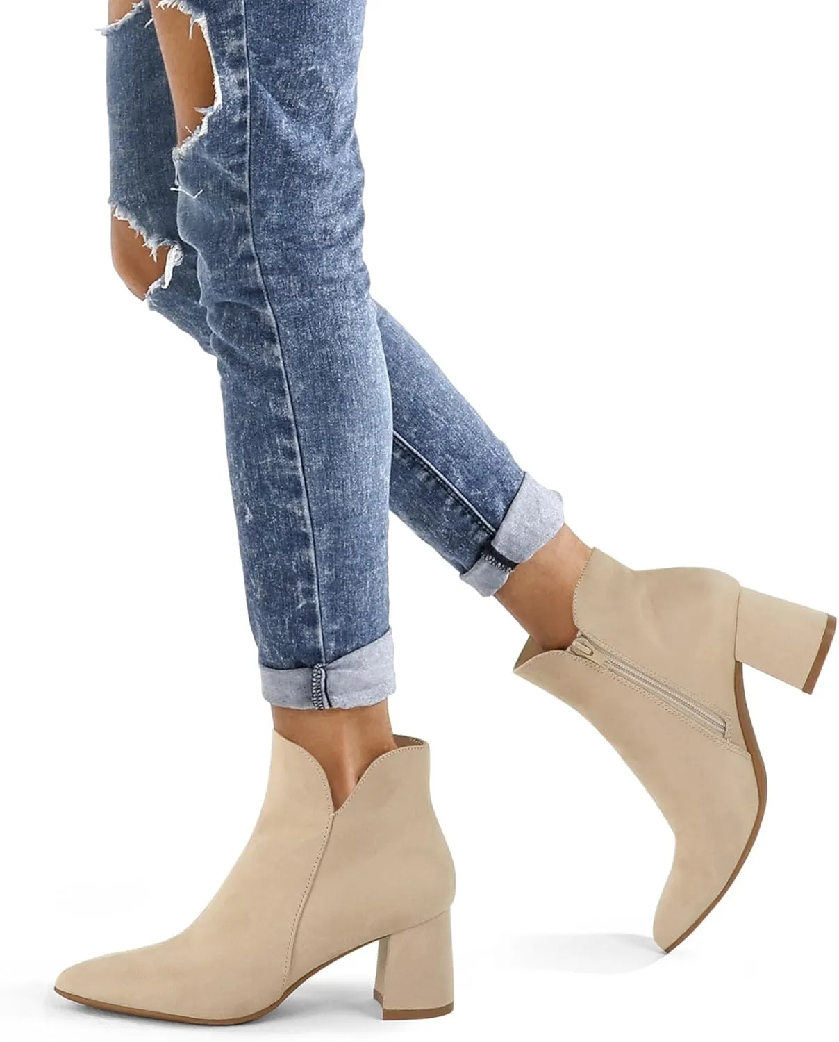 mysoft Women's Ankle Boots Chunky Block Low Heel Comfortable Pointed Toe Side V Cutout Dressy Office Booties with Zipper