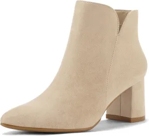 mysoft Women's Ankle Boots Chunky Block Low Heel Comfortable Pointed Toe Side V Cutout Dressy Office Booties with Zipper