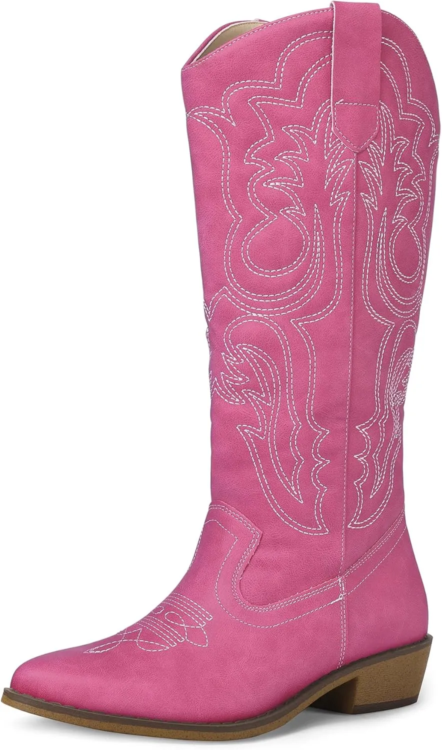 mysoft Women's Cowboy Boots Mid Calf Cowgirl Embroidered Western Pointed Toe Chunky Heel Pull On Knee High Boots