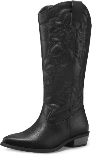 mysoft Women's Cowboy Boots Mid Calf Cowgirl Embroidered Western Pointed Toe Chunky Heel Pull On Knee High Boots