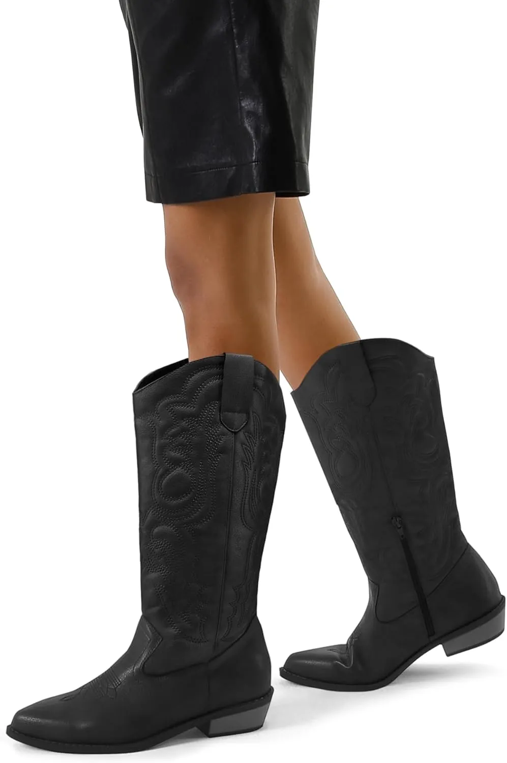 mysoft Women's Cowboy Boots Mid Calf Cowgirl Embroidered Western Pointed Toe Chunky Heel Pull On Knee High Boots