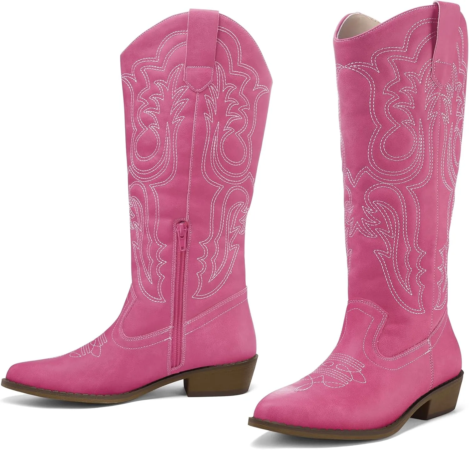 mysoft Women's Cowboy Boots Mid Calf Cowgirl Embroidered Western Pointed Toe Chunky Heel Pull On Knee High Boots