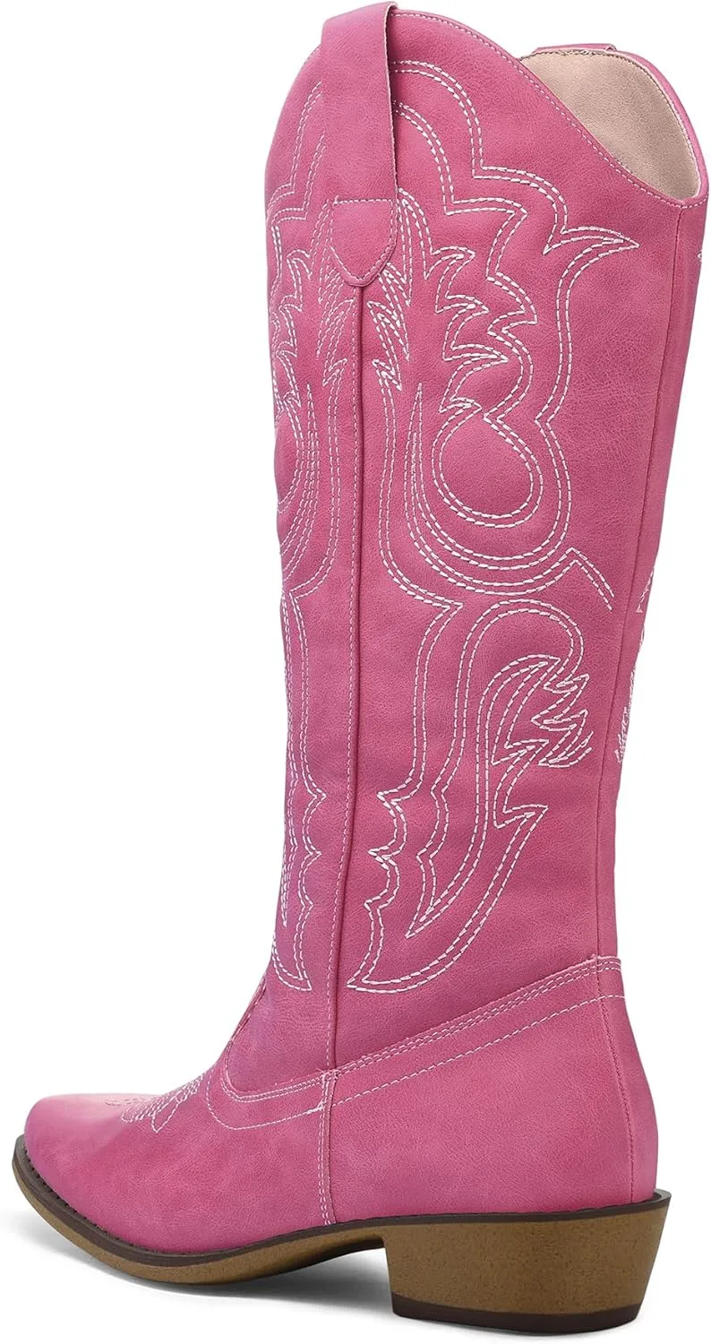 mysoft Women's Cowboy Boots Mid Calf Cowgirl Embroidered Western Pointed Toe Chunky Heel Pull On Knee High Boots