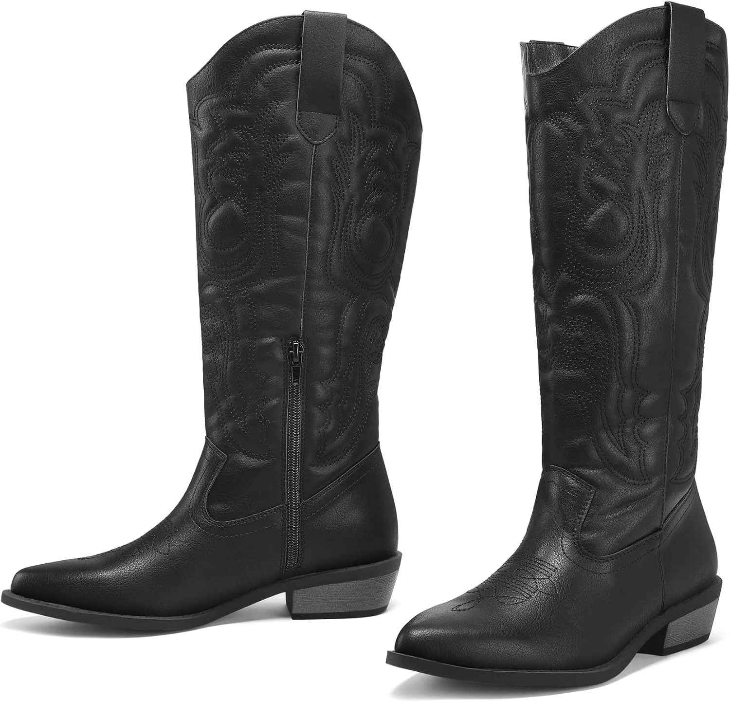 mysoft Women's Cowboy Boots Mid Calf Cowgirl Embroidered Western Pointed Toe Chunky Heel Pull On Knee High Boots