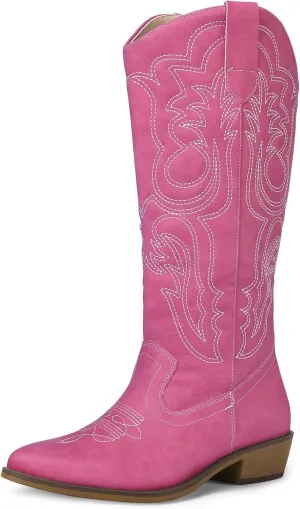 mysoft Women's Cowboy Boots Mid Calf Cowgirl Embroidered Western Pointed Toe Chunky Heel Pull On Knee High Boots