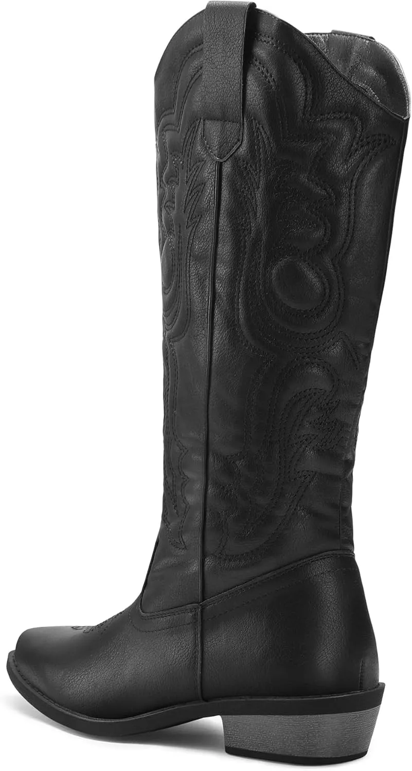 mysoft Women's Cowboy Boots Mid Calf Cowgirl Embroidered Western Pointed Toe Chunky Heel Pull On Knee High Boots