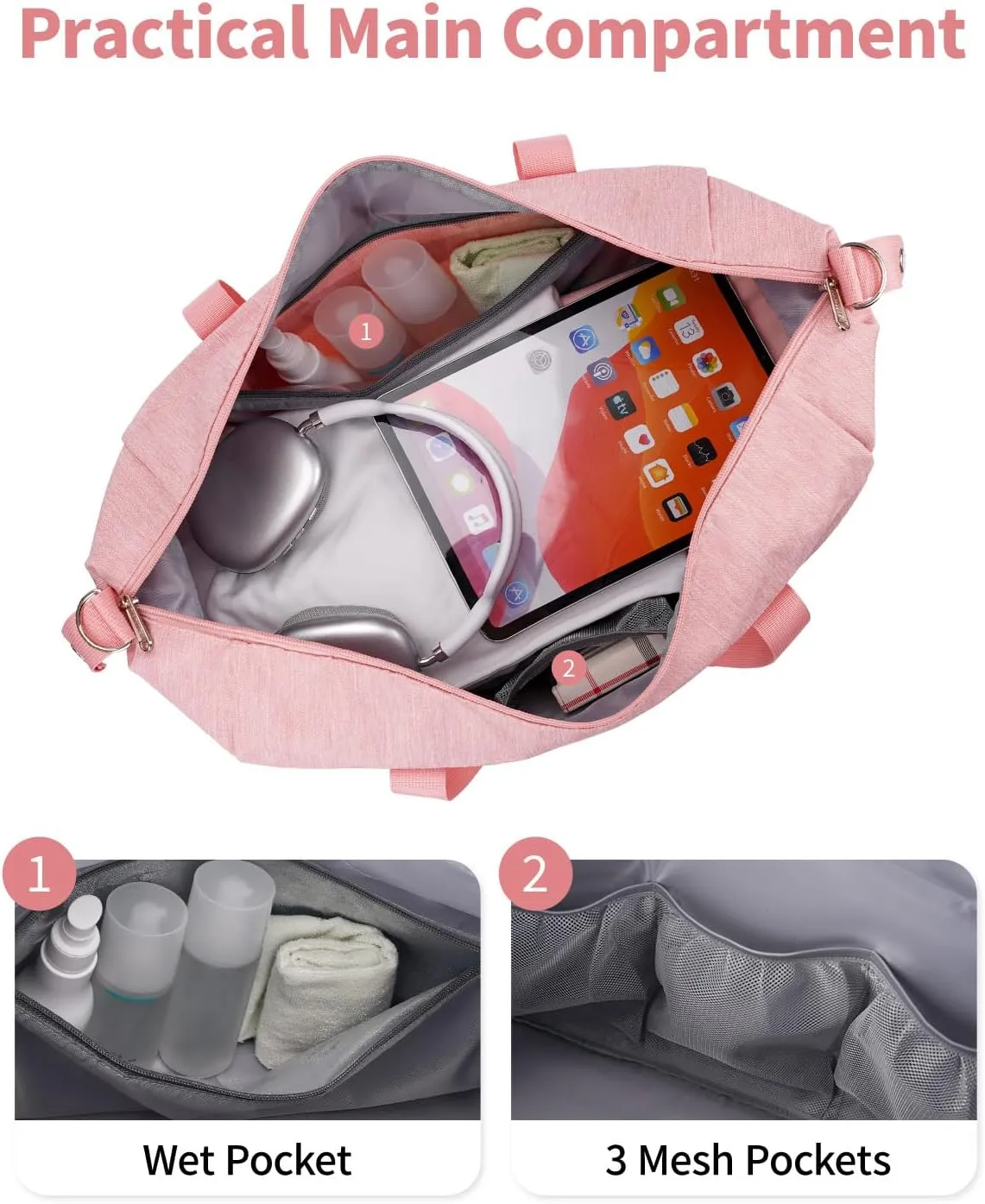 Narwey Carry on luaggage 22x14x9 Airlines Approved Foldable Carry on Bag Travel Duffel Packable Duffle with Wet Pocket Overnight for Women and Men 40L (Pink)